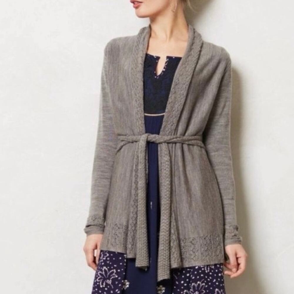 Anthropologie Knitted and Knotted Grey Wool Cosette Tie Cardigan  Size XS